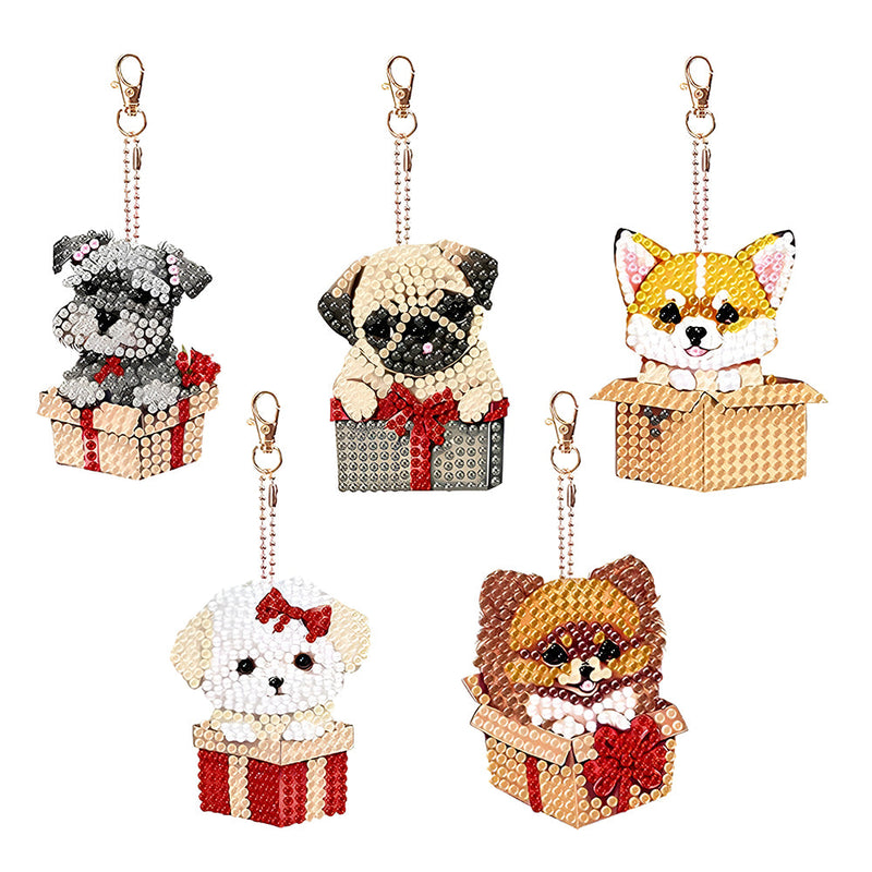 5Pcs de Porte-Clés Acryliques Double Face Chiens dans Les Boîtes de Cadeau Broderie Diamant