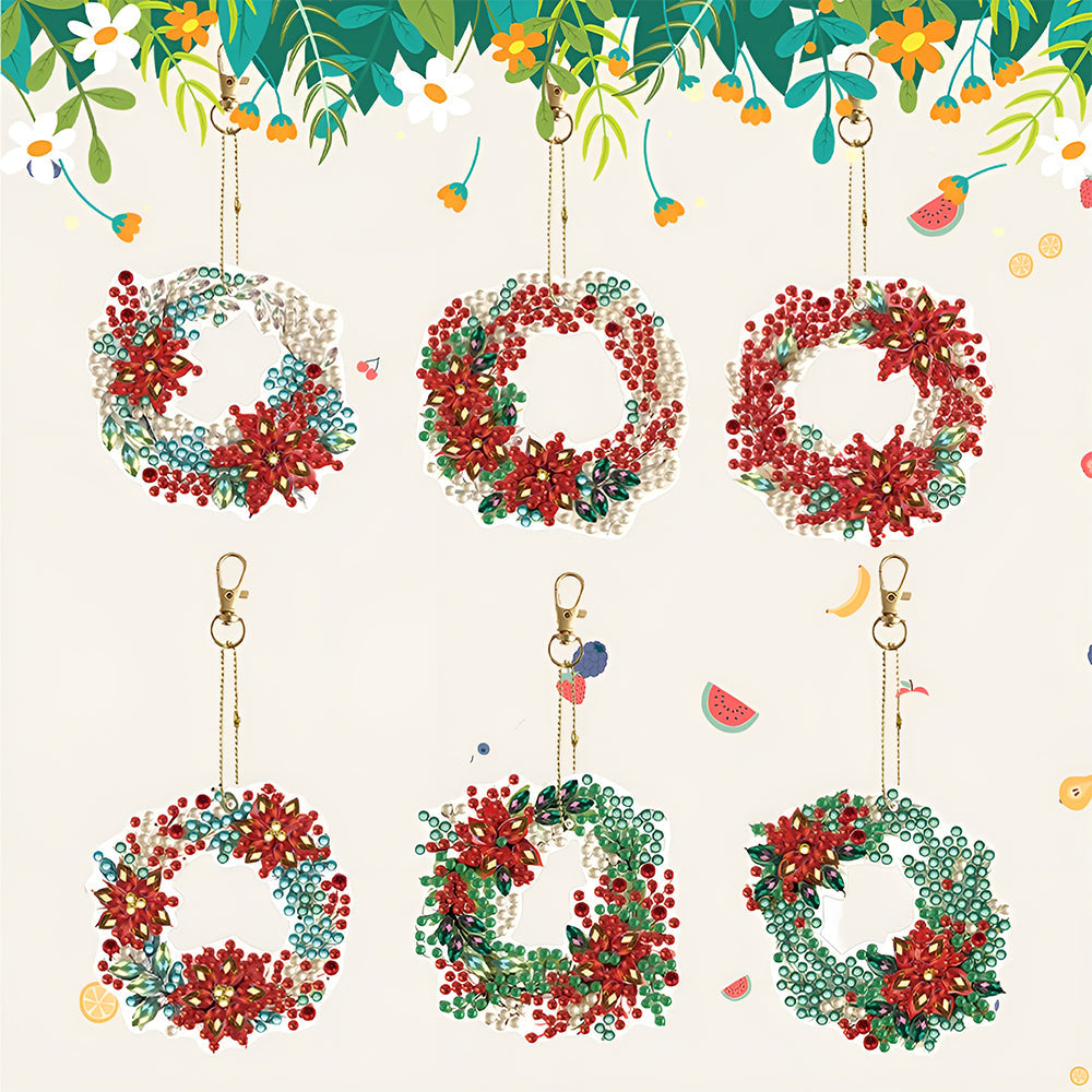 6Pcs de Porte-Clés Acryliques Double Face Couronne de Noël Broderie Diamant