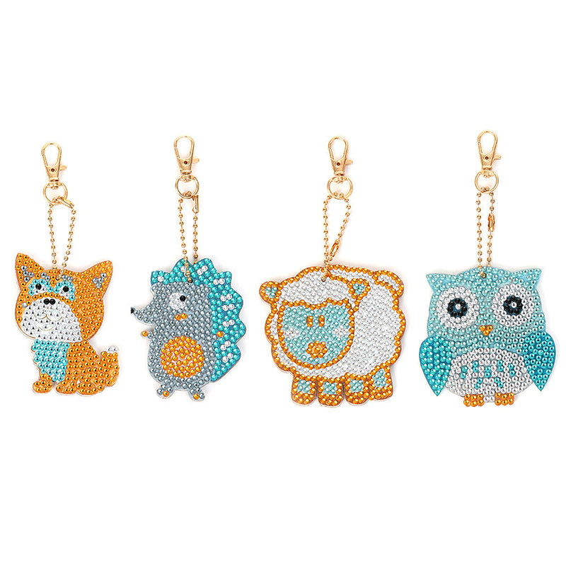 4Pcs de Porte-Clés Acryliques Double Face Jolis Bébés Animaux Broderie Diamant