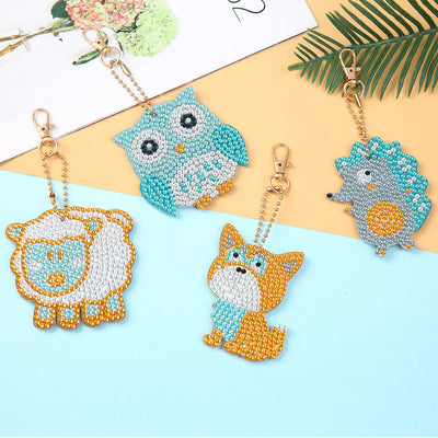 4Pcs de Porte-Clés Acryliques Double Face Jolis Bébés Animaux Broderie Diamant