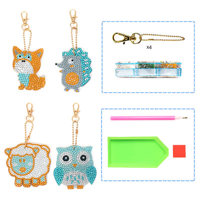 4Pcs de Porte-Clés Acryliques Double Face Jolis Bébés Animaux Broderie Diamant