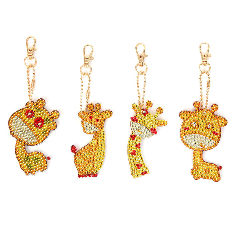 4Pcs de Porte-Clés Acryliques Double Face Jolie Bébé Giraffe Broderie Diamant