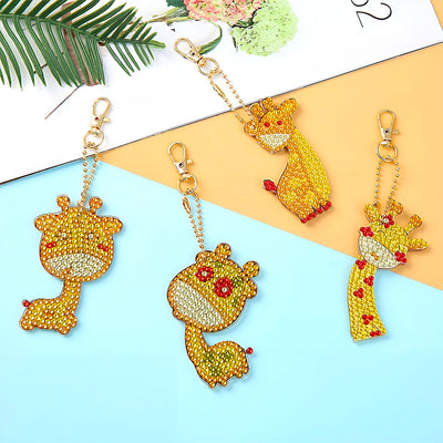 4Pcs de Porte-Clés Acryliques Double Face Jolie Bébé Giraffe Broderie Diamant