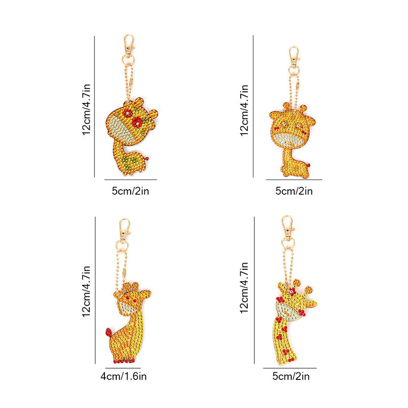 4Pcs de Porte-Clés Acryliques Double Face Jolie Bébé Giraffe Broderie Diamant