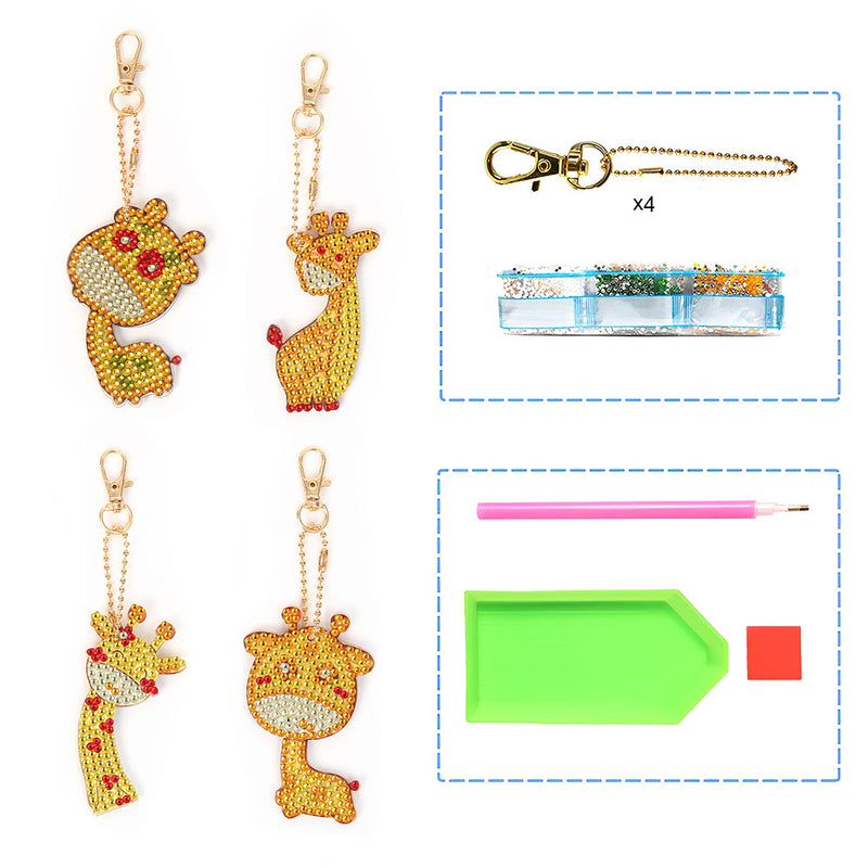 4Pcs de Porte-Clés Acryliques Double Face Jolie Bébé Giraffe Broderie Diamant