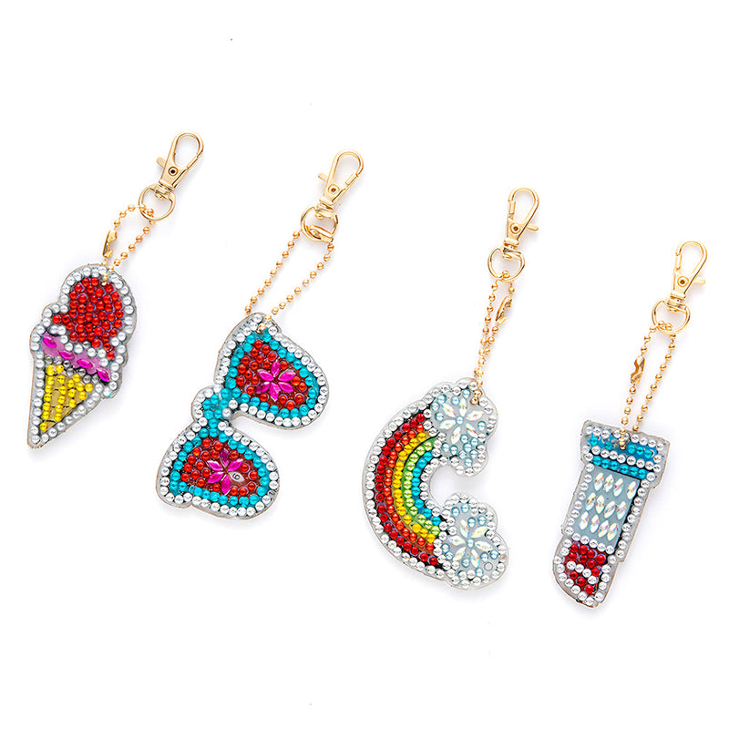 4Pcs de Porte-Clés Acryliques Double Face Lèvre-Rouge, Lunettes de Soleil, Arc-en-Ciel et Cône Broderie Diamant