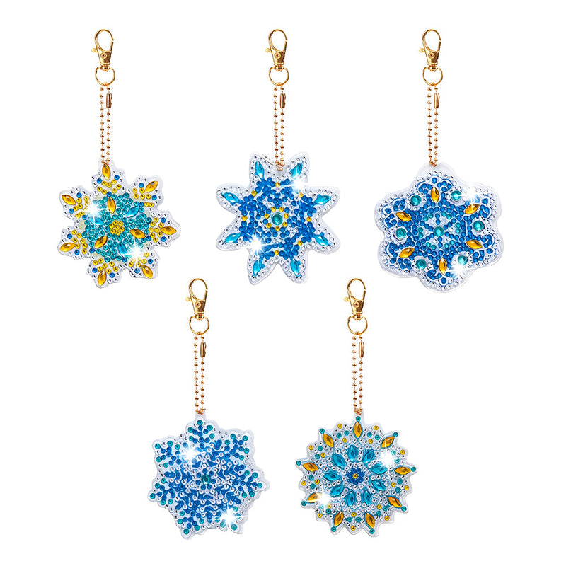 5Pcs de Porte-Clés Acryliques Double Face Mandala Flocon de Neige Bleu Broderie Diamant