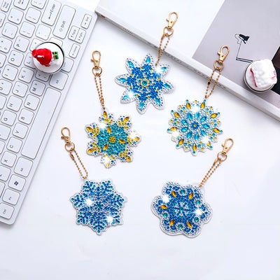 5Pcs de Porte-Clés Acryliques Double Face Mandala Flocon de Neige Bleu Broderie Diamant