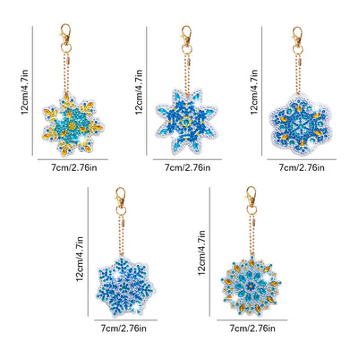 5Pcs de Porte-Clés Acryliques Double Face Mandala Flocon de Neige Bleu Broderie Diamant