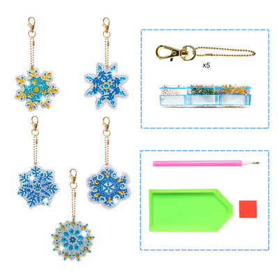 5Pcs de Porte-Clés Acryliques Double Face Mandala Flocon de Neige Bleu Broderie Diamant