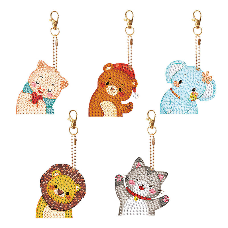 5Pcs de Porte-Clés Acryliques Double Face Bébés Animaux Amusants Broderie Diamant