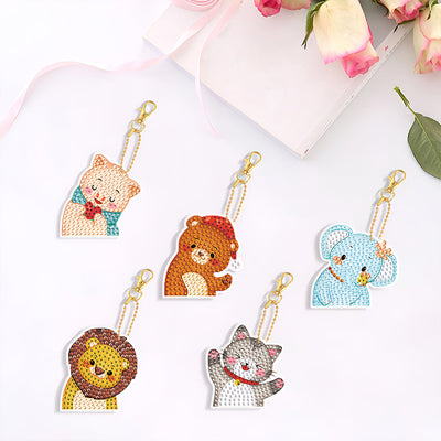 5Pcs de Porte-Clés Acryliques Double Face Bébés Animaux Amusants Broderie Diamant