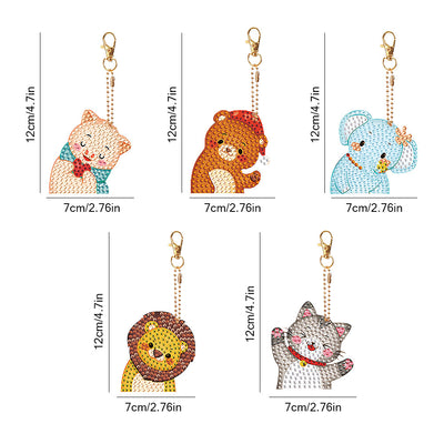 5Pcs de Porte-Clés Acryliques Double Face Bébés Animaux Amusants Broderie Diamant