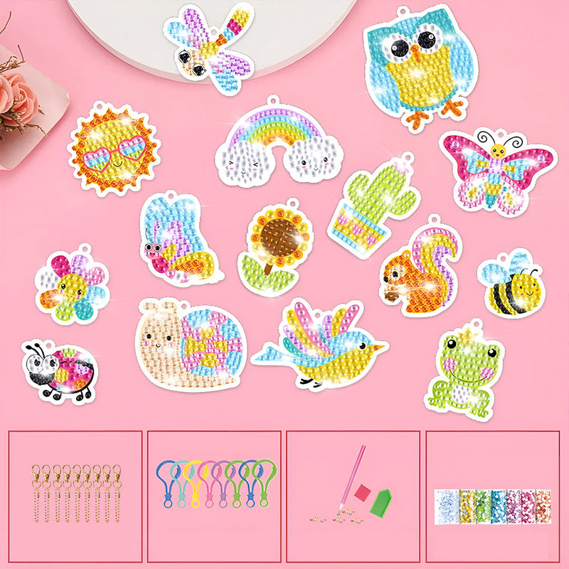 15Pcs de Porte-Clés Acryliques Double Face La Monde des Insectes et des Fleurs Broderie Diamant