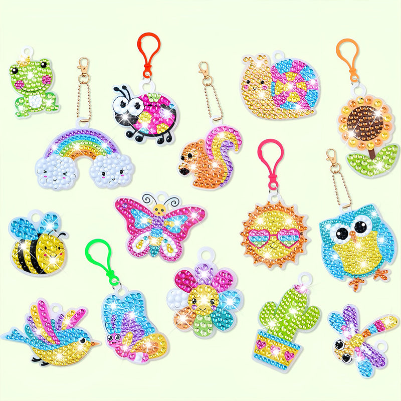 15Pcs de Porte-Clés Acryliques Double Face La Monde des Insectes et des Fleurs Broderie Diamant