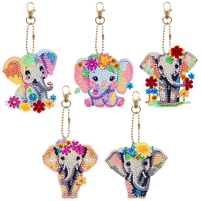 5Pcs de Porte-Clés Acryliques Double Face Éléphant à Fleur Coloré Broderie Diamant