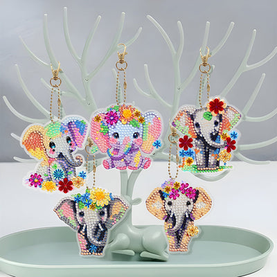 5Pcs de Porte-Clés Acryliques Double Face Éléphant à Fleur Coloré Broderie Diamant