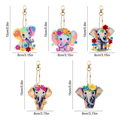 5Pcs de Porte-Clés Acryliques Double Face Éléphant à Fleur Coloré Broderie Diamant