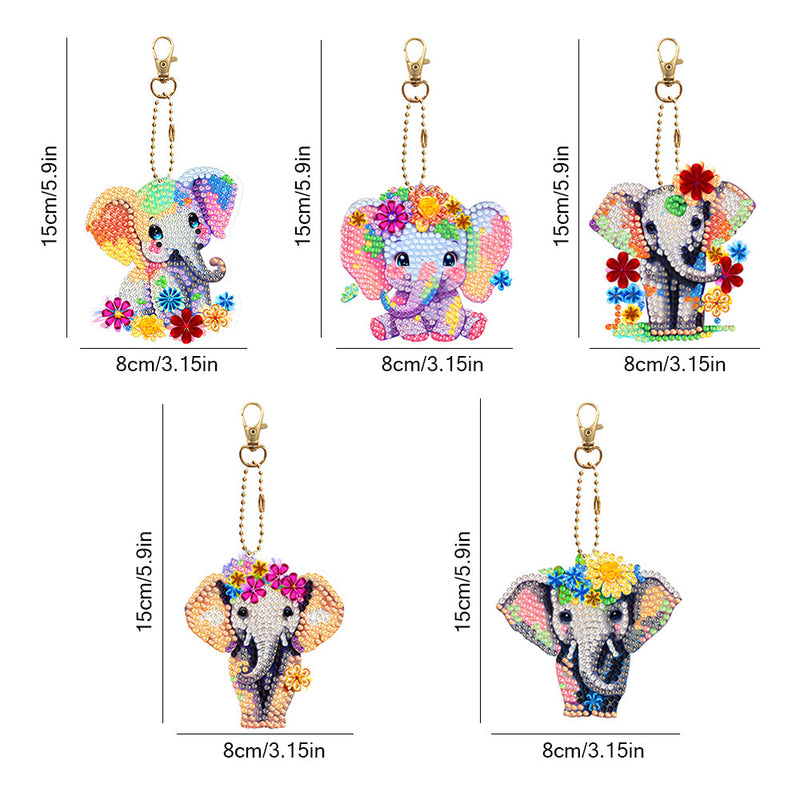 5Pcs de Porte-Clés Acryliques Double Face Éléphant à Fleur Coloré Broderie Diamant