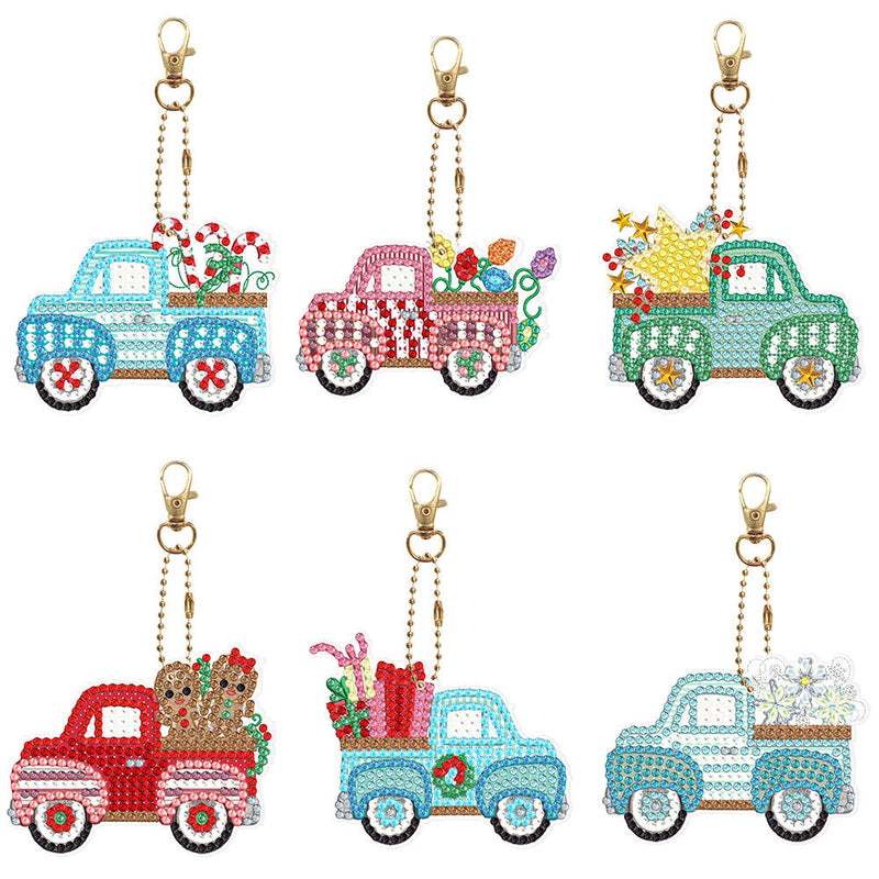 6Pcs de Porte-Clés Acryliques Double Face Voiture de Noël Broderie Diamant