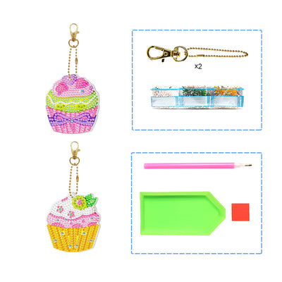 2Pcs de Porte-Clés Acryliques Double Face Cupcakes Délicieux Broderie Diamant