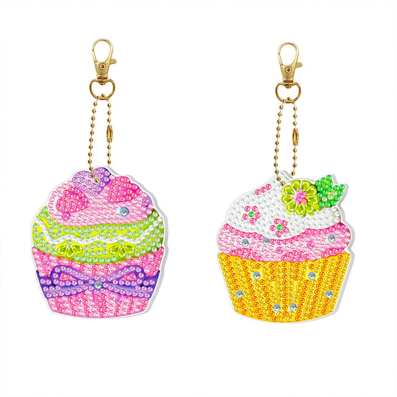 2Pcs de Porte-Clés Acryliques Double Face Cupcakes Délicieux Broderie Diamant