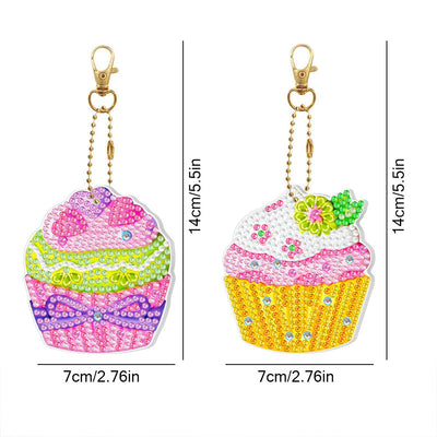 2Pcs de Porte-Clés Acryliques Double Face Cupcakes Délicieux Broderie Diamant