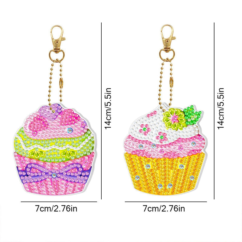 2Pcs de Porte-Clés Acryliques Double Face Cupcakes Délicieux Broderie Diamant