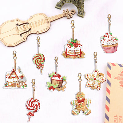 8Pcs de Porte-Clés Acryliques Double Face Desserts de Noël Broderie Diamant