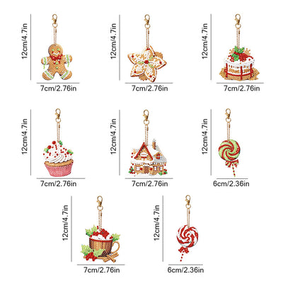 8Pcs de Porte-Clés Acryliques Double Face Desserts de Noël Broderie Diamant