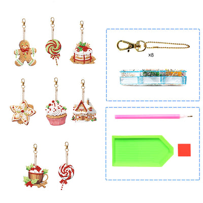 8Pcs de Porte-Clés Acryliques Double Face Desserts de Noël Broderie Diamant