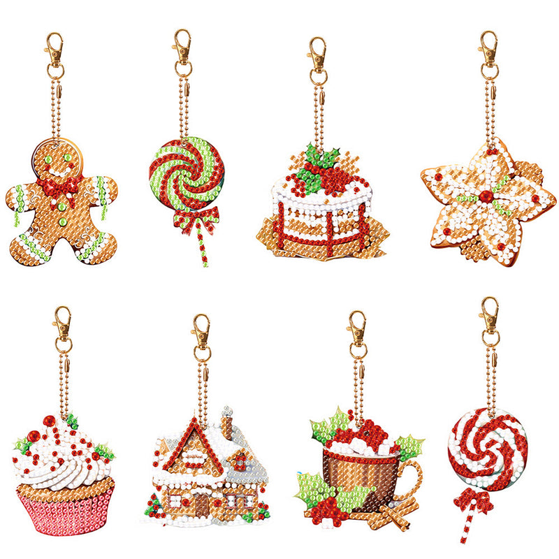 8Pcs de Porte-Clés Acryliques Double Face Desserts de Noël Broderie Diamant