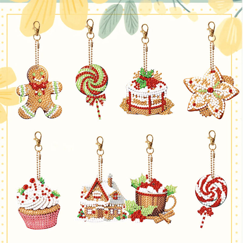 8Pcs de Porte-Clés Acryliques Double Face Desserts de Noël Broderie Diamant