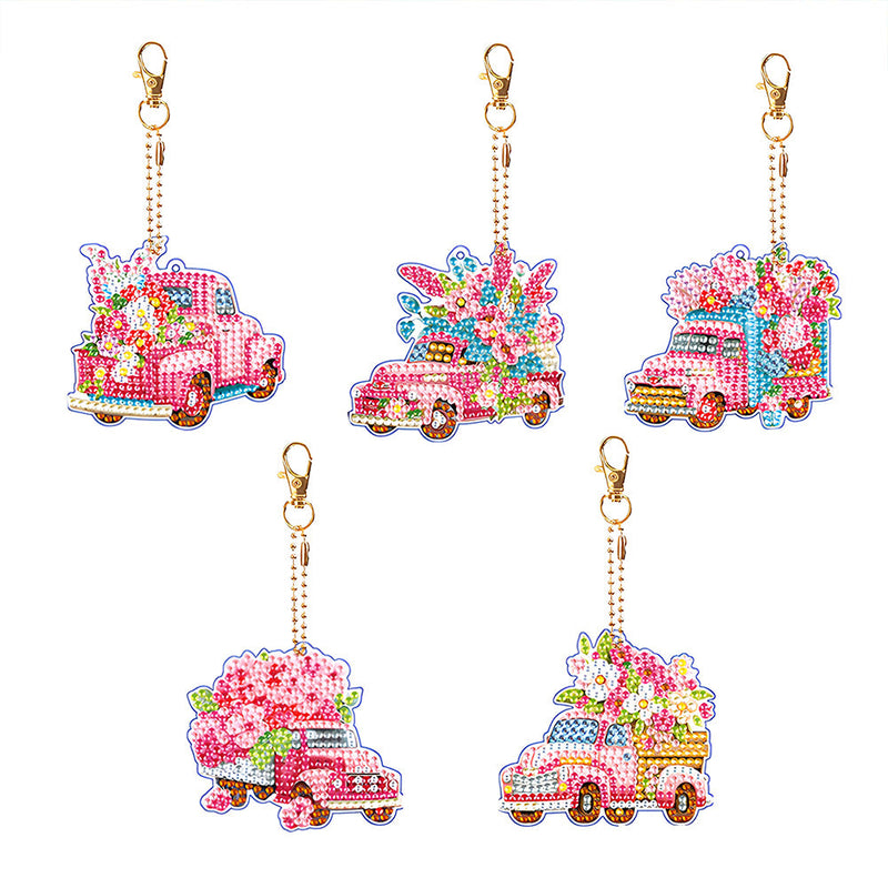 5Pcs de Porte-Clés Acryliques Double Face Voiture à Fleur Rose Broderie Diamant