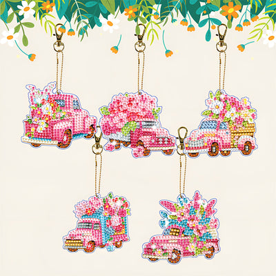 5Pcs de Porte-Clés Acryliques Double Face Voiture à Fleur Rose Broderie Diamant