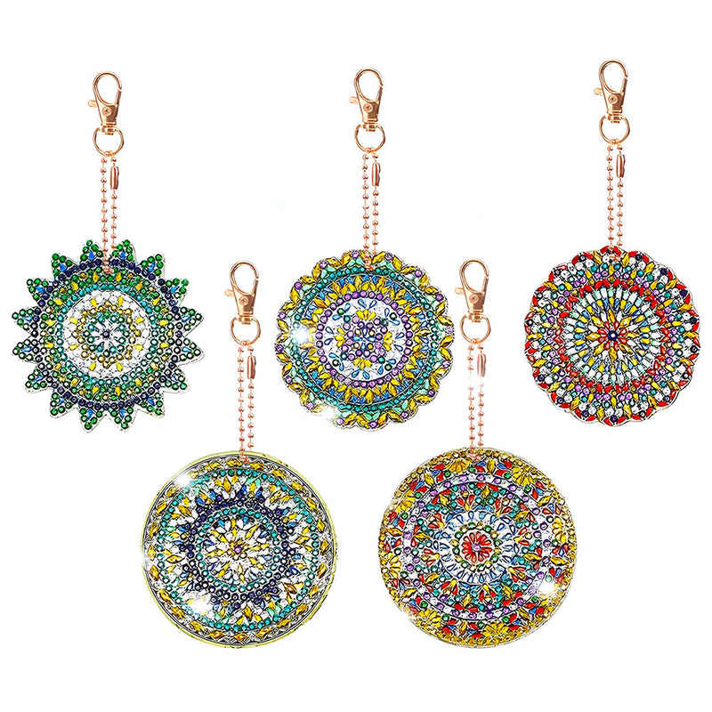 5Pcs de Porte-Clés Acryliques Double Face Mandala Vert et Doré Broderie Diamant