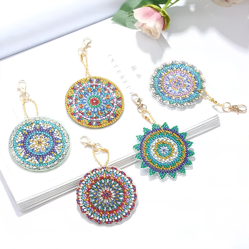 5Pcs de Porte-Clés Acryliques Double Face Mandala Vert et Doré Broderie Diamant