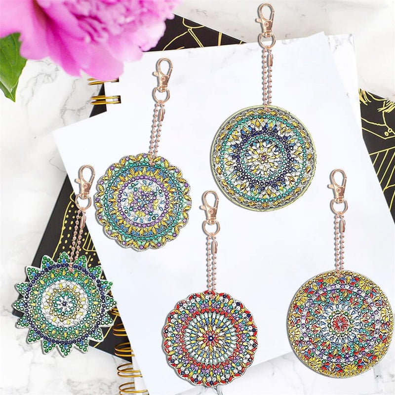 5Pcs de Porte-Clés Acryliques Double Face Mandala Vert et Doré Broderie Diamant