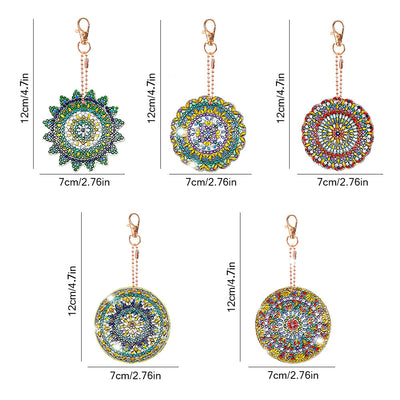 5Pcs de Porte-Clés Acryliques Double Face Mandala Vert et Doré Broderie Diamant