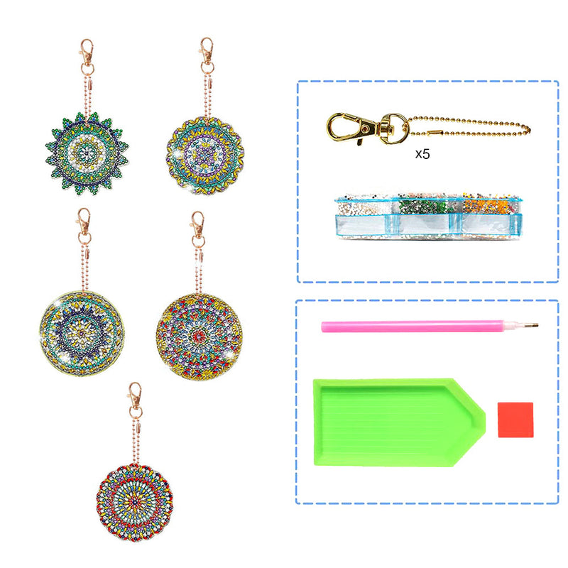 5Pcs de Porte-Clés Acryliques Double Face Mandala Vert et Doré Broderie Diamant