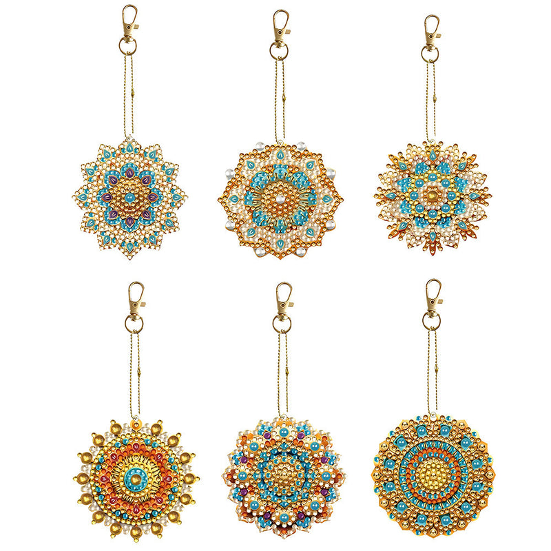 6Pcs de Porte-Clés Acryliques Double Face Mandala Bleu et Doré Broderie Diamant