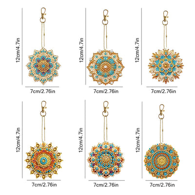 6Pcs de Porte-Clés Acryliques Double Face Mandala Bleu et Doré Broderie Diamant