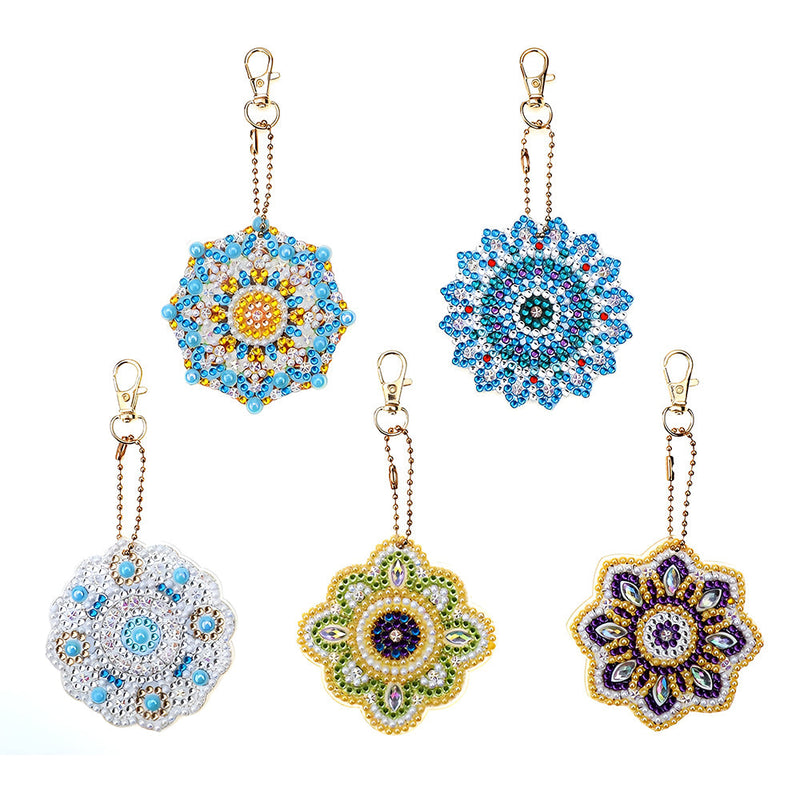 5Pcs de Porte-Clés Acryliques Double Face Mandala Coloré Broderie Diamant