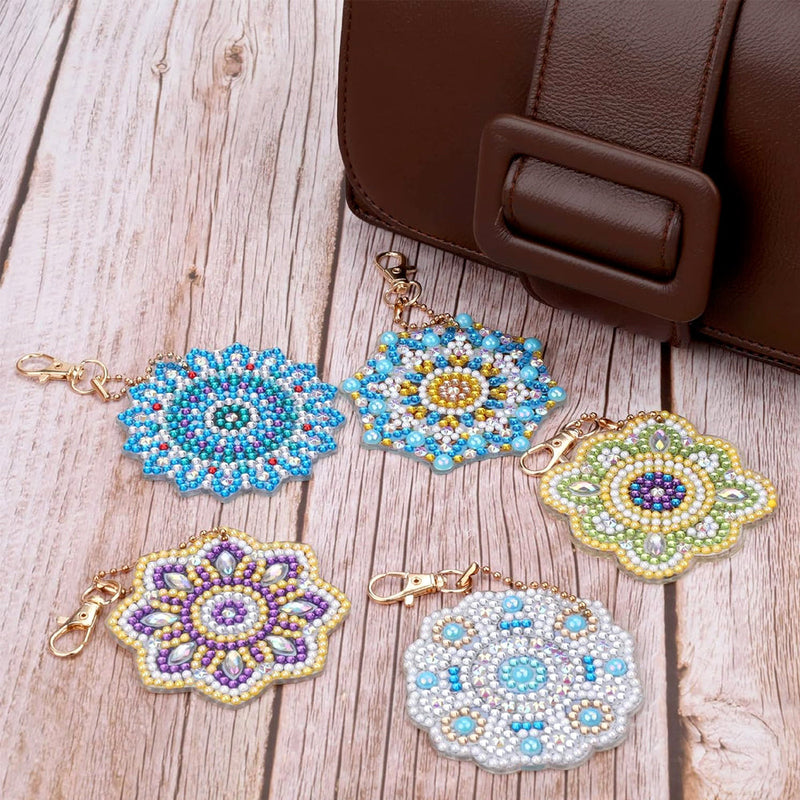 5Pcs de Porte-Clés Acryliques Double Face Mandala Coloré Broderie Diamant