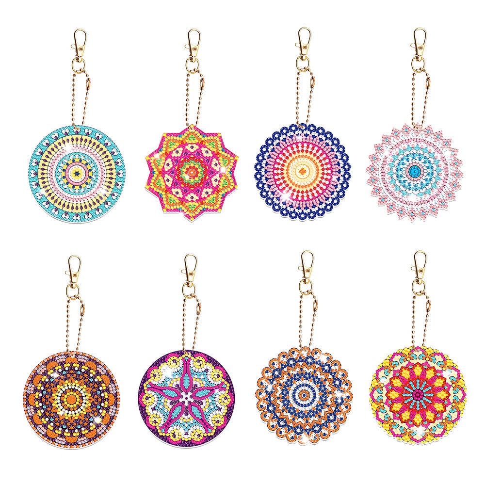 8Pcs de Porte-Clés Acryliques Double Face Mandala Coloré Formidable Broderie Diamant