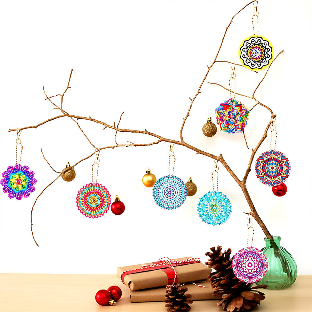 8Pcs de Porte-Clés Acryliques Double Face Mandala Coloré Formidable Broderie Diamant