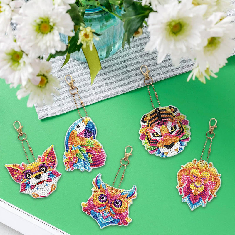 5Pcs de Porte-Clés Acryliques Double Face Animaux Formidables Broderie Diamant