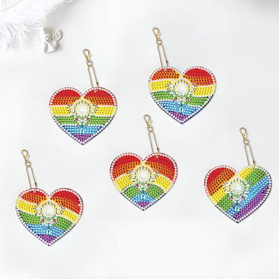 5Pcs de Porte-Clés Acryliques Double Face Cœur d'Arc-en-Ciel Broderie Diamant