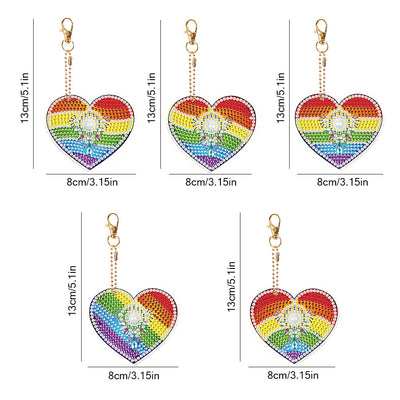 5Pcs de Porte-Clés Acryliques Double Face Cœur d'Arc-en-Ciel Broderie Diamant