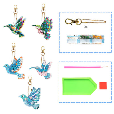 5Pcs de Porte-Clés Acryliques Double Face Oiseaux Bleus et Verts Broderie Diamant